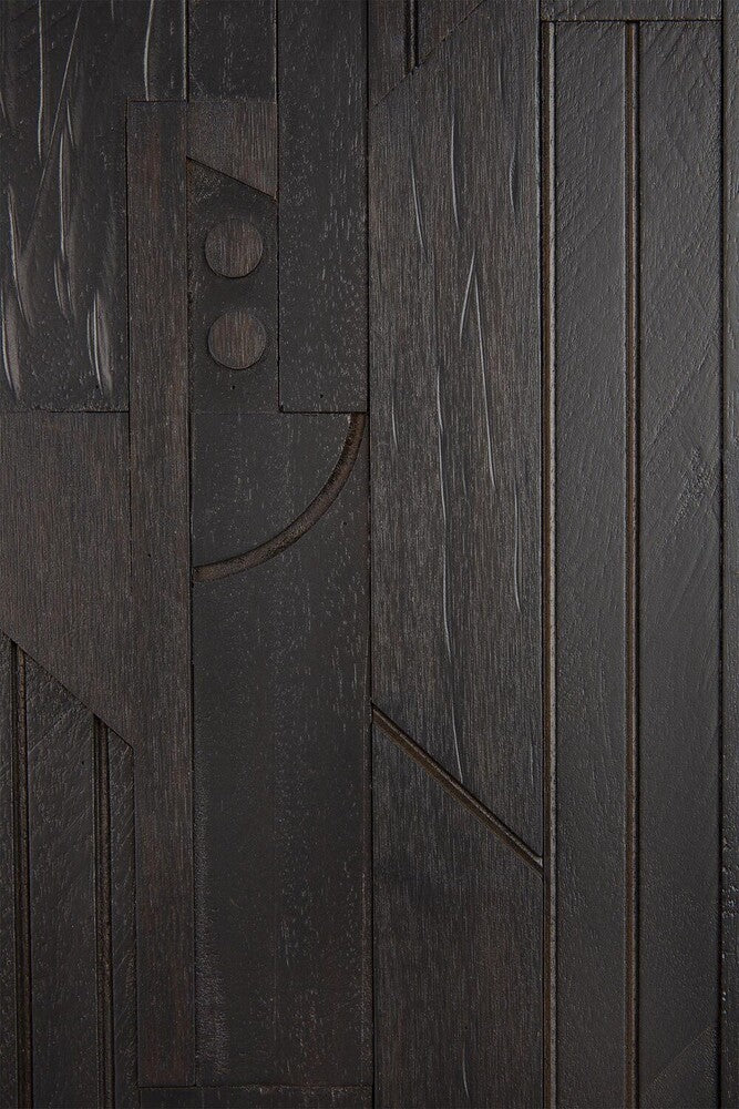 Close-up of dark wooden panel with horizontal and vertical slats