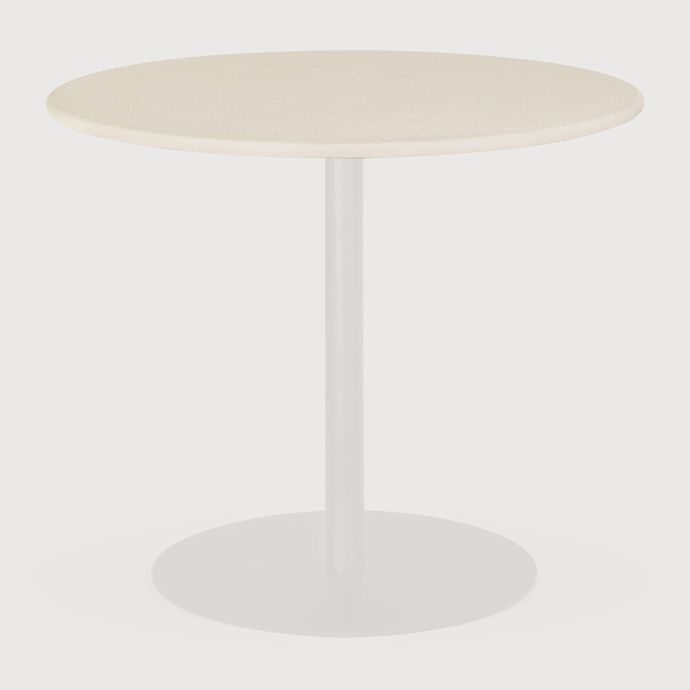 Round white table with a white base on a light gray background