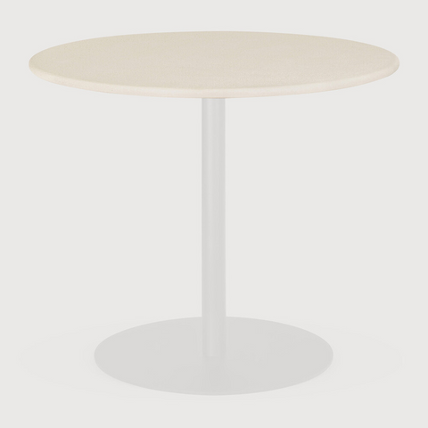 Round white table with a white base on a light gray background