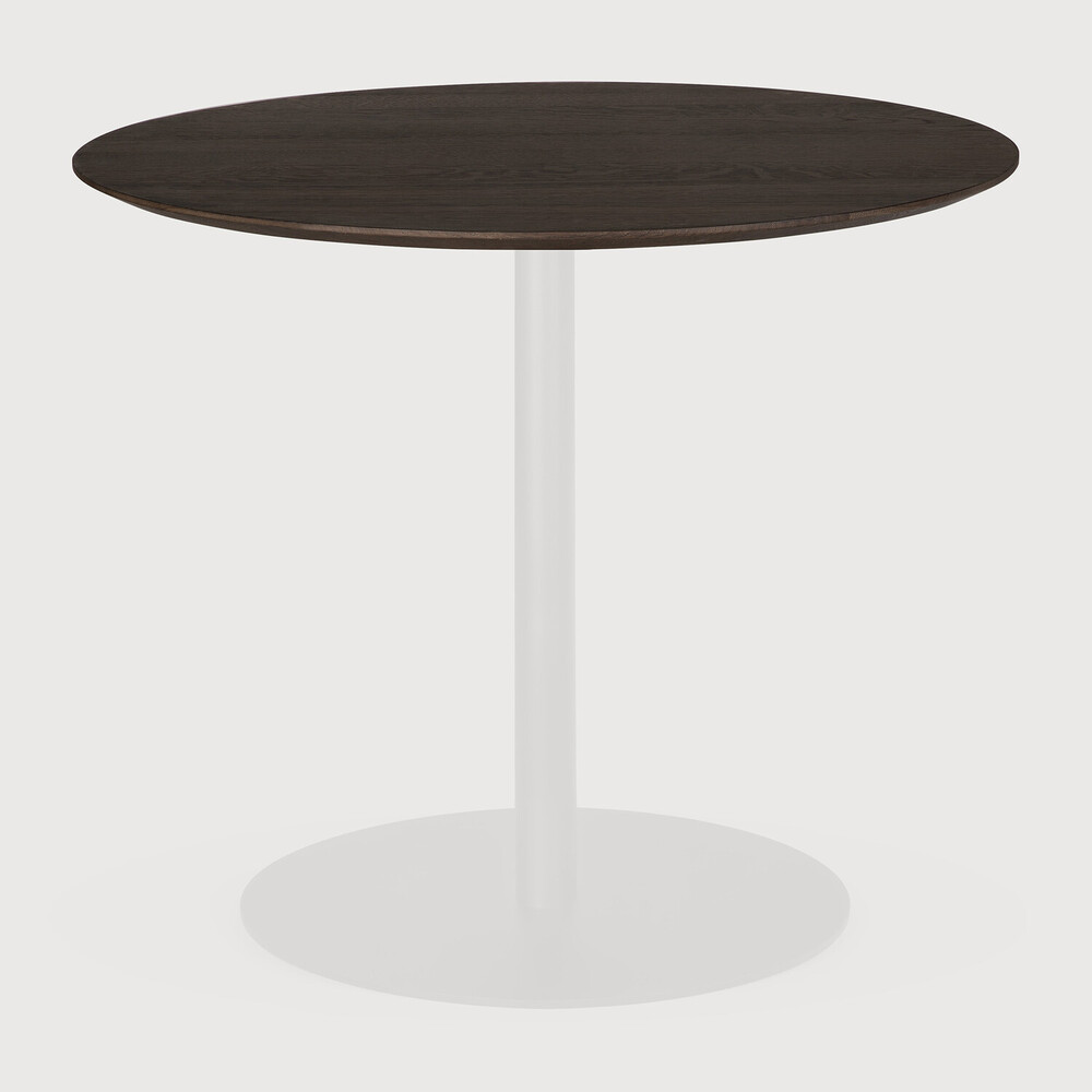 Round wooden table with a white base on a light gray background