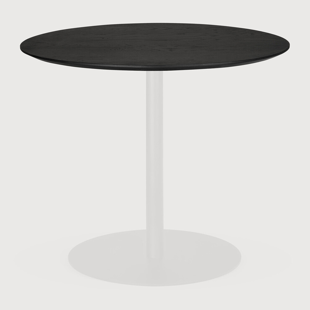 Round black table with white pedestal base on a light gray background