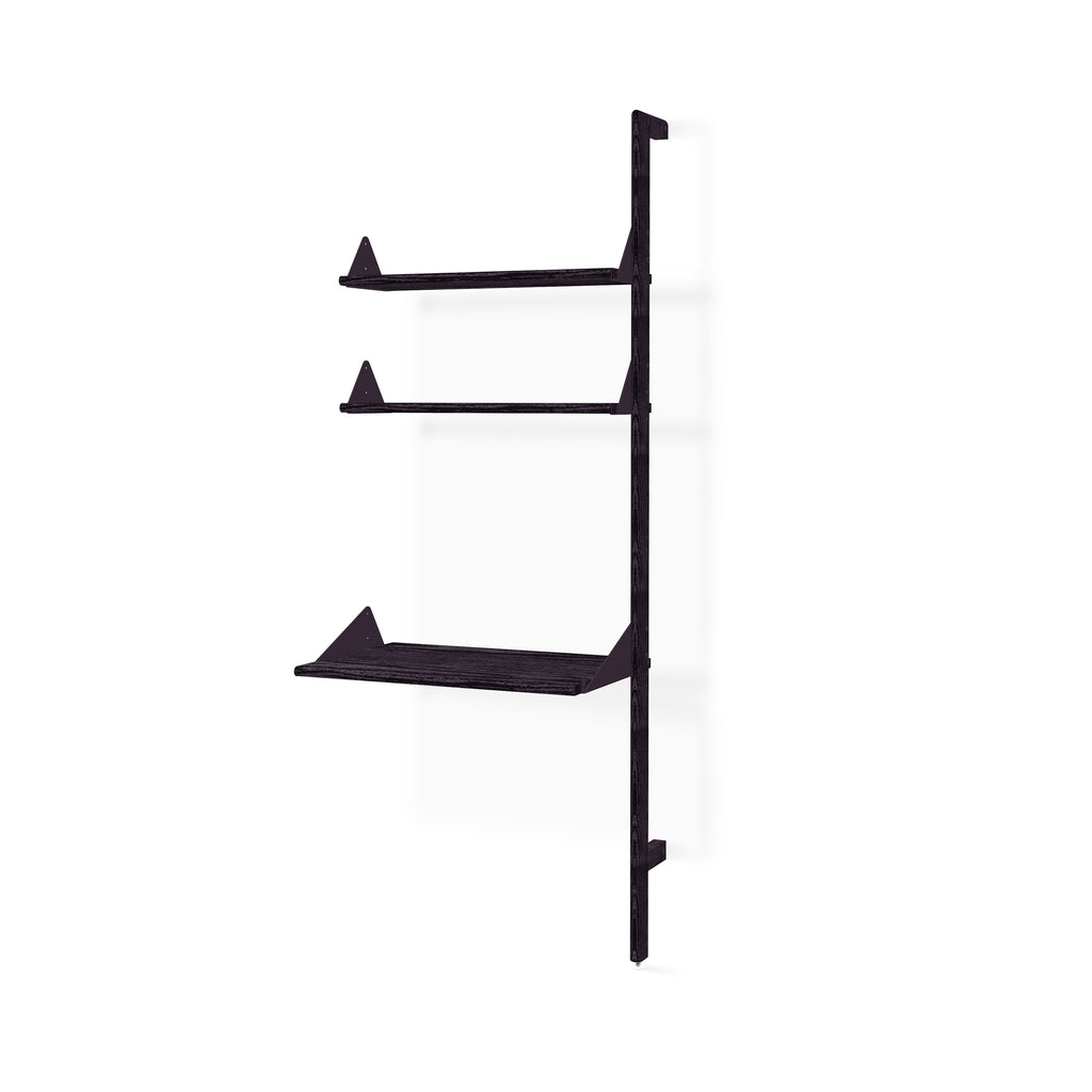 Black metal wall-mounted shelf with three shelves on a white background