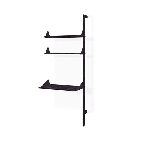 Wooden shelf with white triangular brackets on a white background