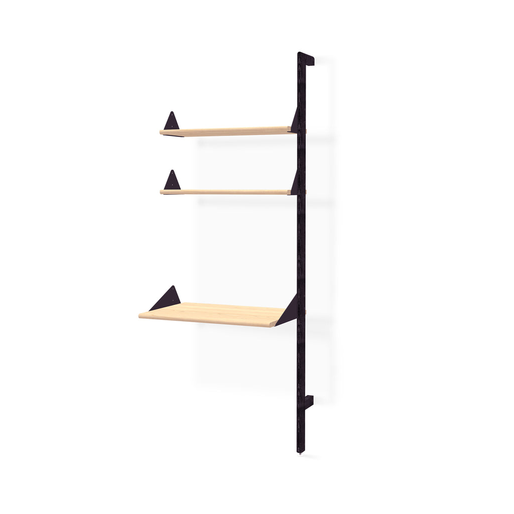 Wall-mounted shelving unit with black frame and wooden shelves on a white background