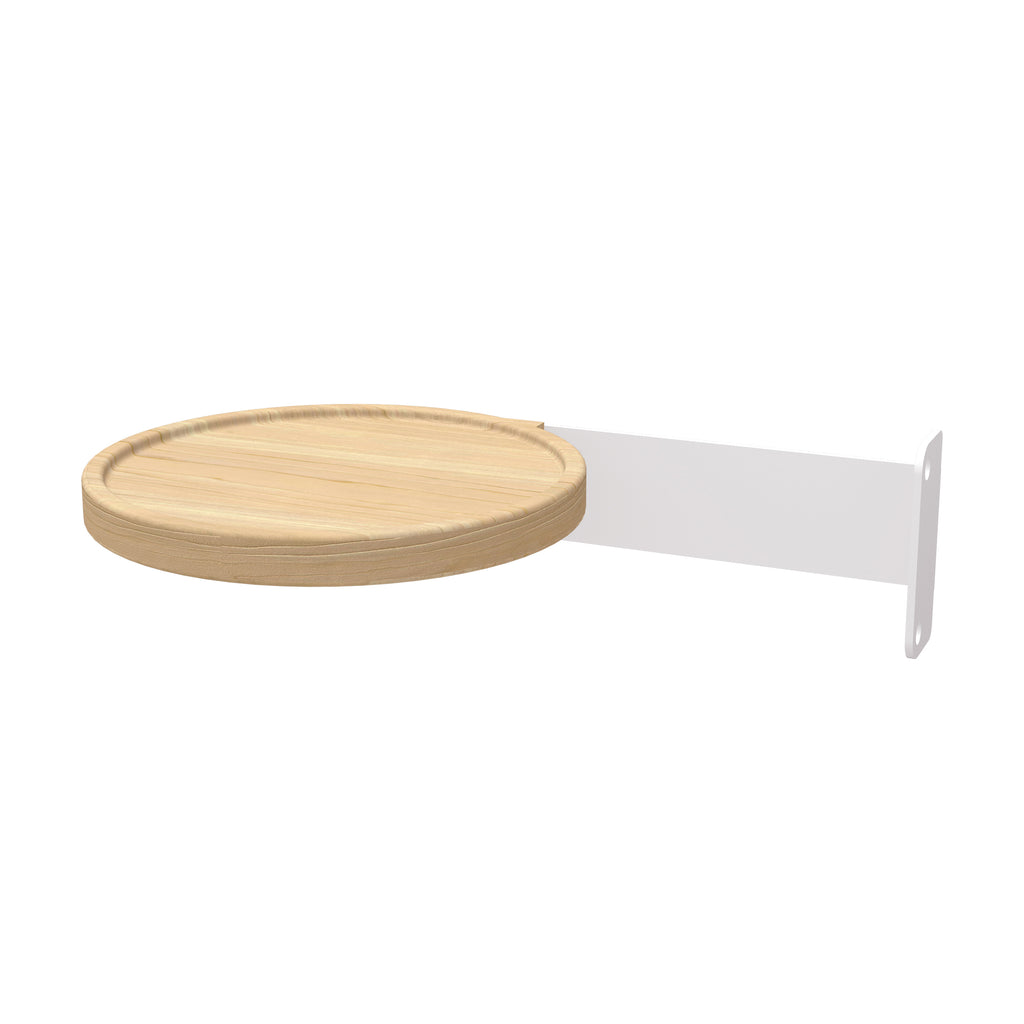 Wooden tray with a white metal bracket on a white background
