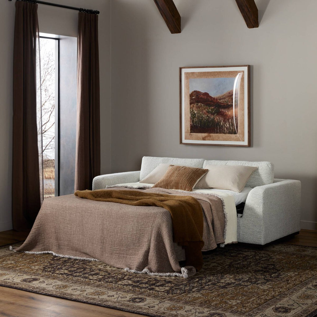 Living room with a sofa bed, blanket, and framed artwork on the wall.