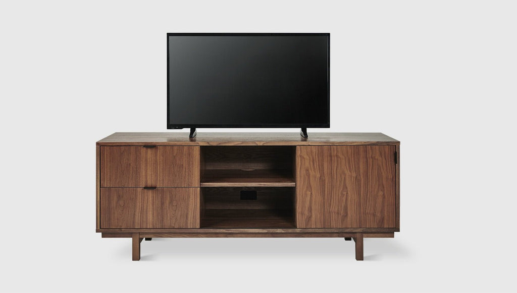 Belmont Walnut Media Stand – Sliding Panel TV Console with Cable Management - Sage InteriorsGusCabinet