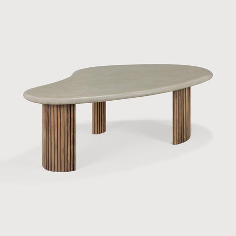 Modern coffee table with a concrete top and wooden legs on a white background