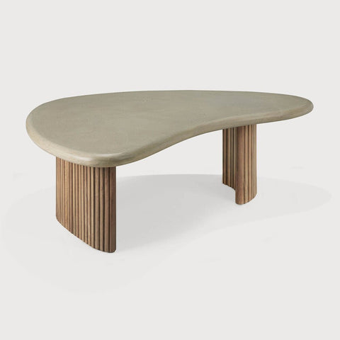 Modern coffee table with a concrete top and wooden legs on a white background