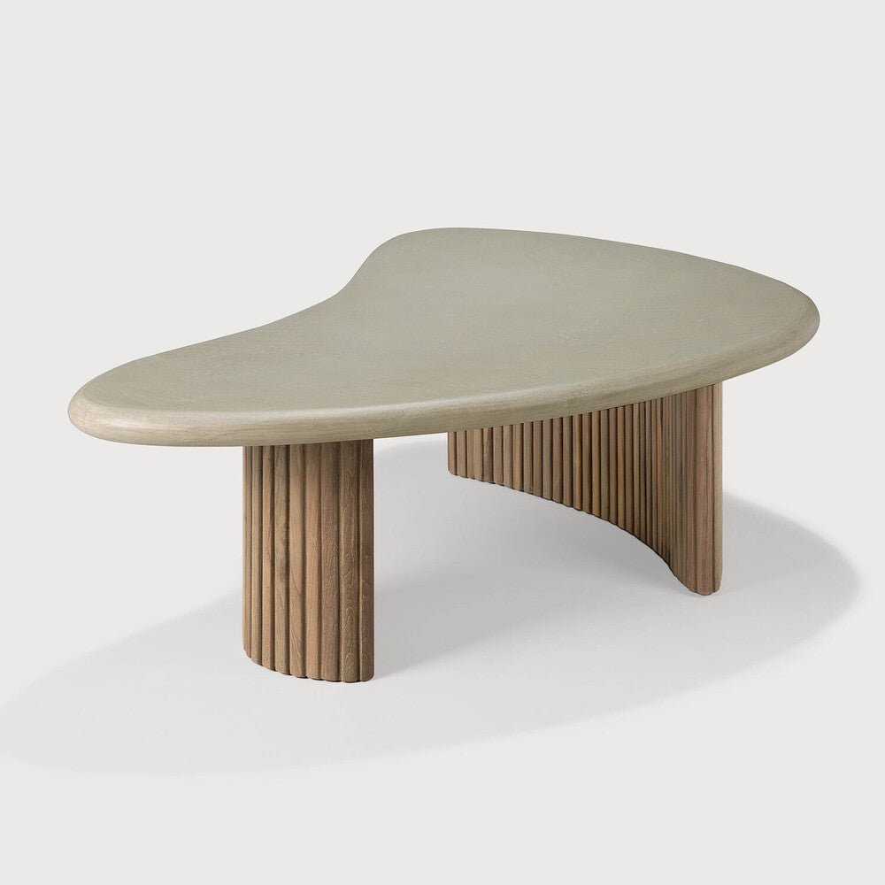 Modern coffee table with a light gray top and wooden legs on a white background