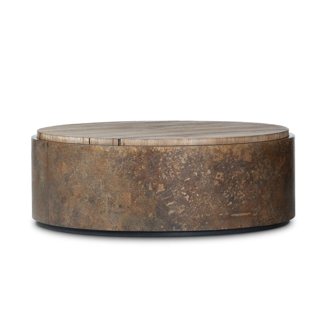 Distressed drum style, burned oak character coffee table - Sage InteriorsFour HandsCoffee Table