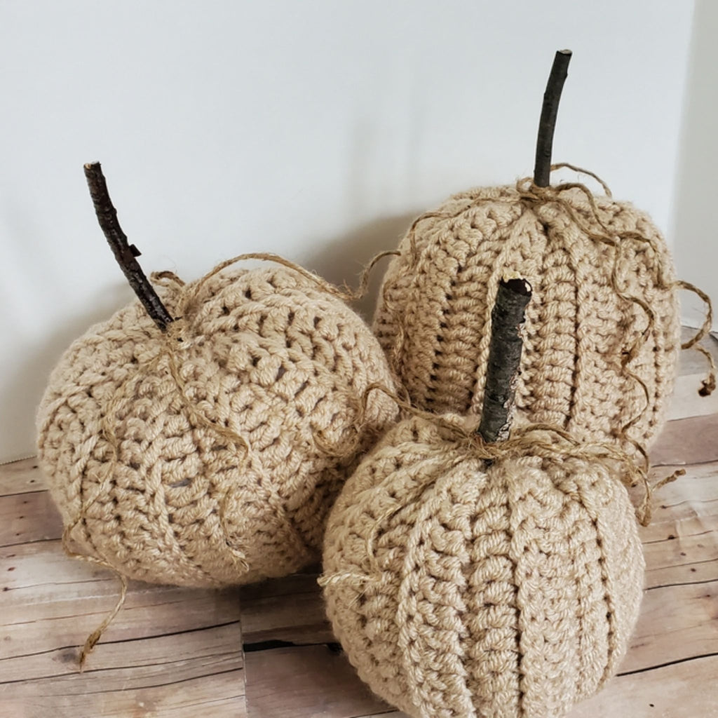 Chunky Yarn Crochet Pumpkin, Linen, Small
