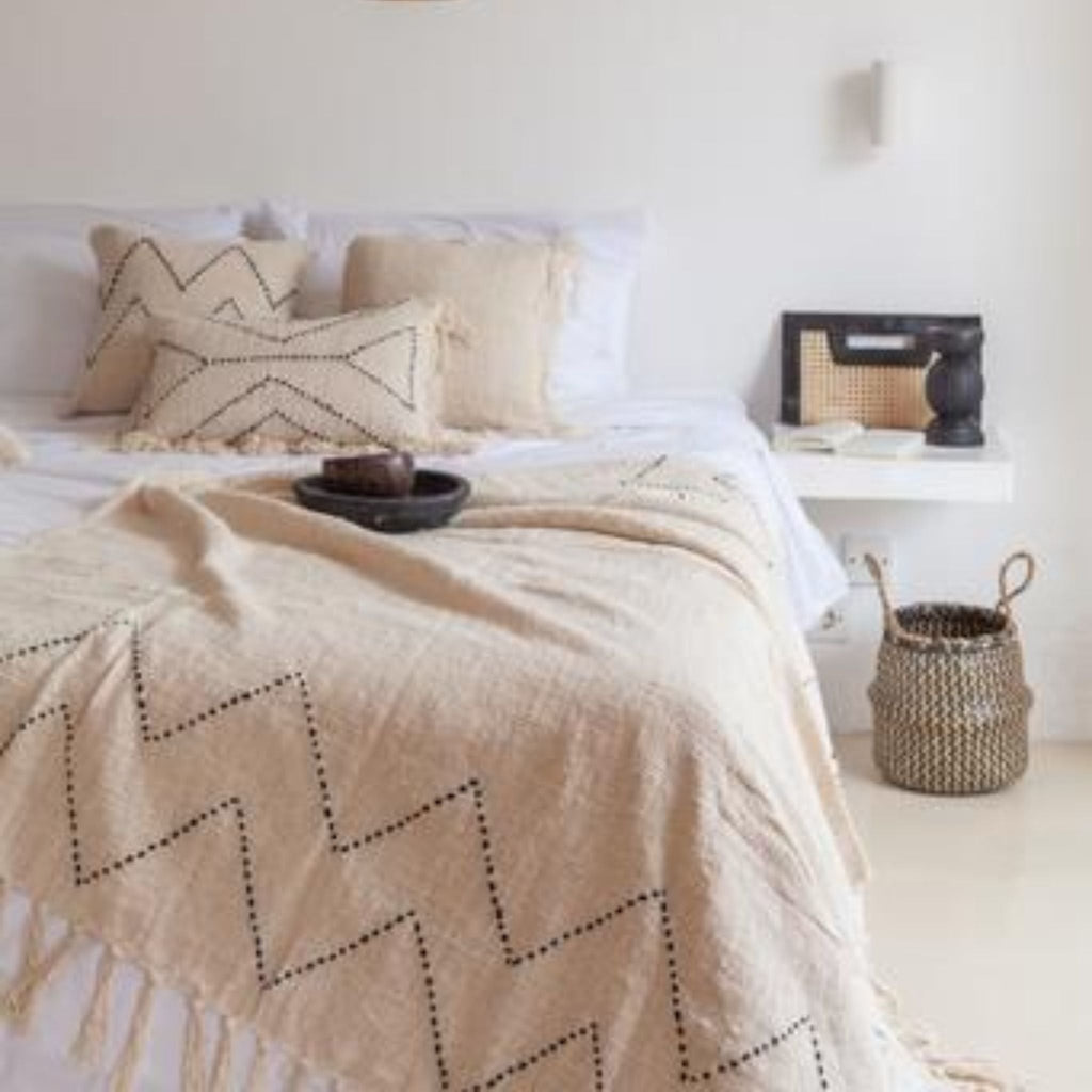 Hand Loomed Cotton Blanket - Black Motif - Sage InteriorsVillage Thrive