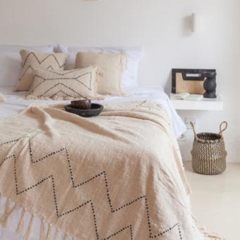 Hand Loomed Cotton Blanket - Black Motif - Sage InteriorsVillage Thrive