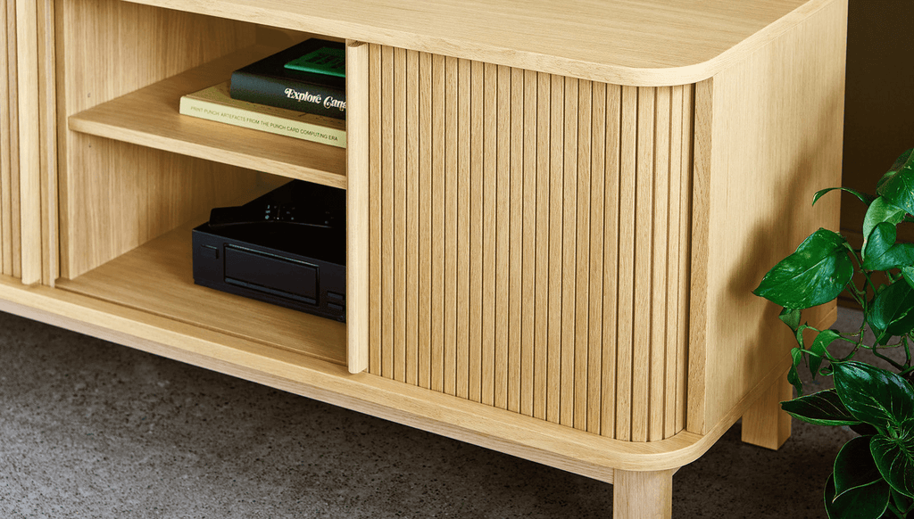 Ledger Credenza – FSC® - Certified Tambour Door Storage in Natural Wood Finish - Sage InteriorsSage InteriorsCabinet