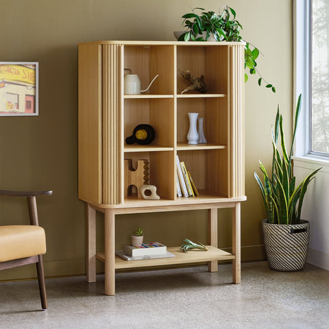 Ledger Tall Cabinet – FSC® - Certified Storage with Tambour Doors in Natural Wood - Sage InteriorsGusCabinet