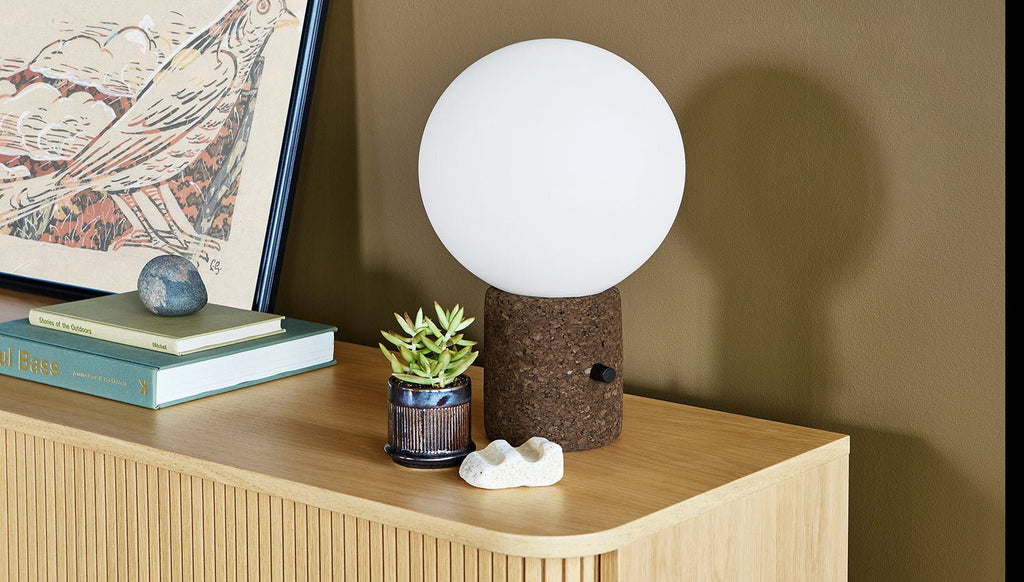 Milton Monocle Table Lamp Cork Base with Globe Shade & Dimmer Control - Sage InteriorsGusLamp