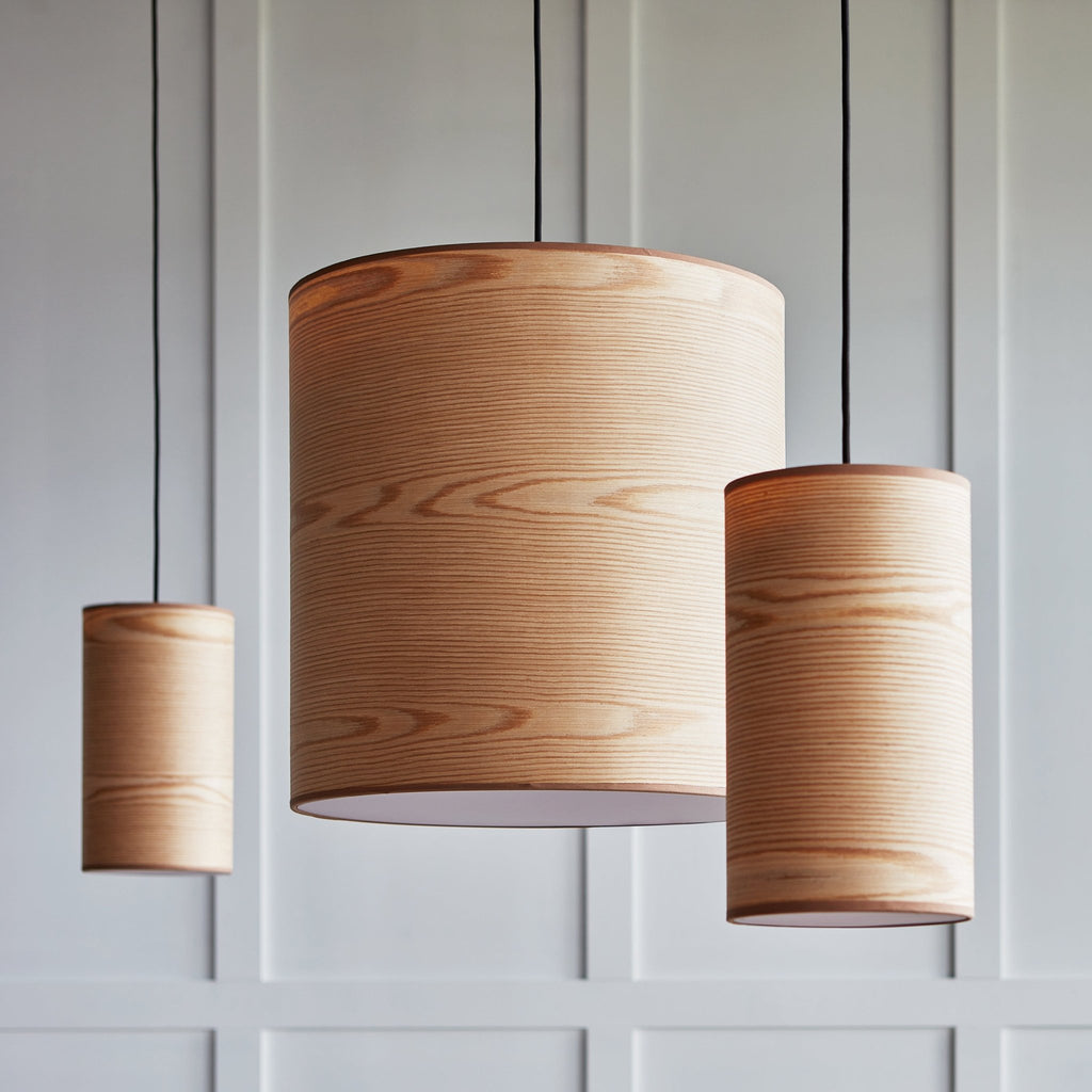 Milton Small Pendant Light Natural Wood Veneer Drum Shade with Black Cord - Sage InteriorsSage InteriorsLight