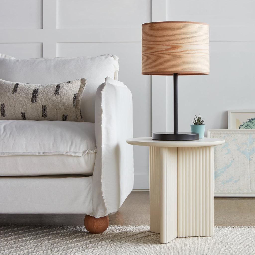 Milton Table Lamp Wood Veneer Drum Shade with Black Steel Base - Sage InteriorsSage InteriorsLamp