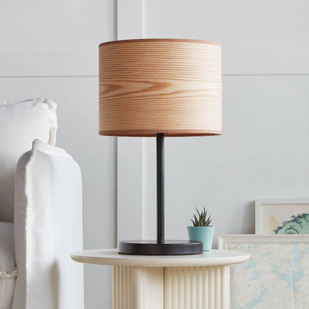 Milton Table Lamp Wood Veneer Drum Shade with Black Steel Base - Sage InteriorsSage InteriorsLamp
