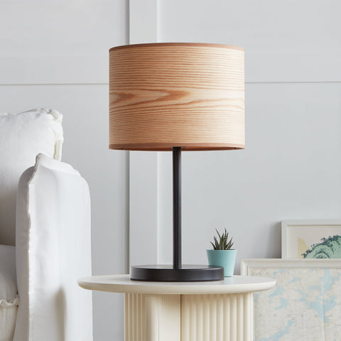 Milton Table Lamp Wood Veneer Drum Shade with Black Steel Base - Sage InteriorsSage InteriorsLamp