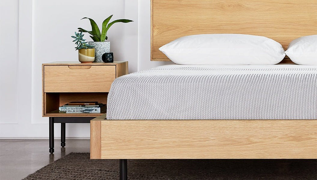 Munro End Table – Walnut or Oak Bedside Table with Drawer and Open Shelf - Sage InteriorsGusCabinet