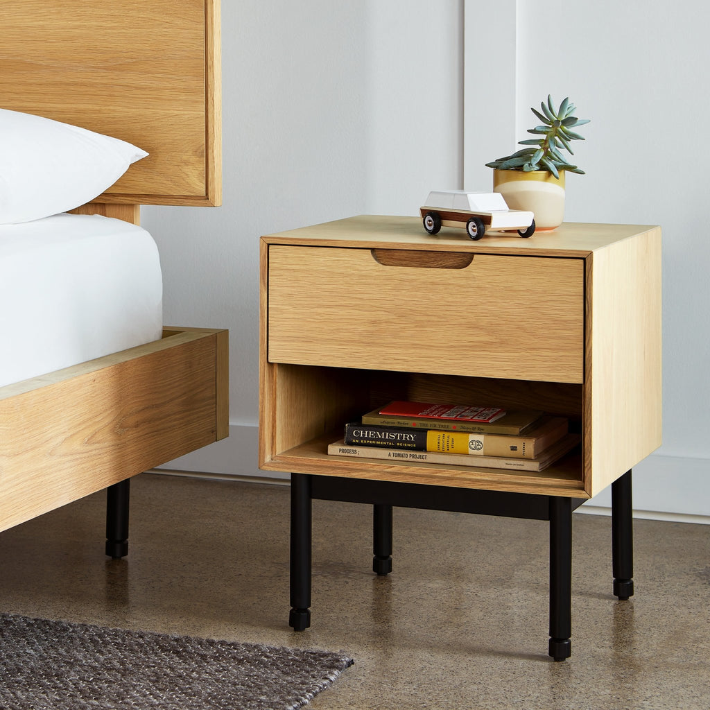 Munro End Table – Walnut or Oak Bedside Table with Drawer and Open Shelf - Sage InteriorsSage InteriorsCabinet