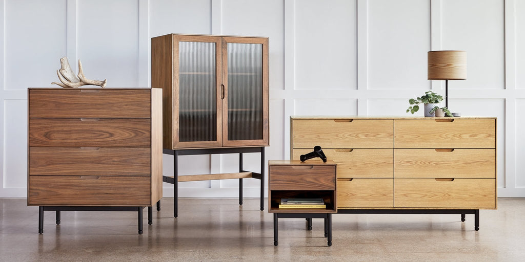 Munro End Table – Walnut or Oak Bedside Table with Drawer and Open Shelf - Sage InteriorsSage InteriorsCabinet