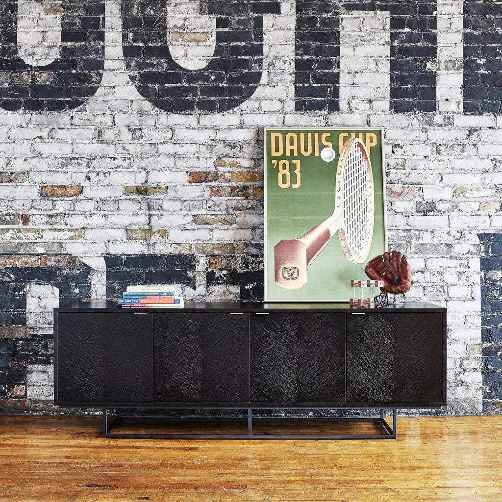 Myles Credenza – Chevron Oak Cabinet with Rose Gold Pulls - Sage InteriorsGuscabinet