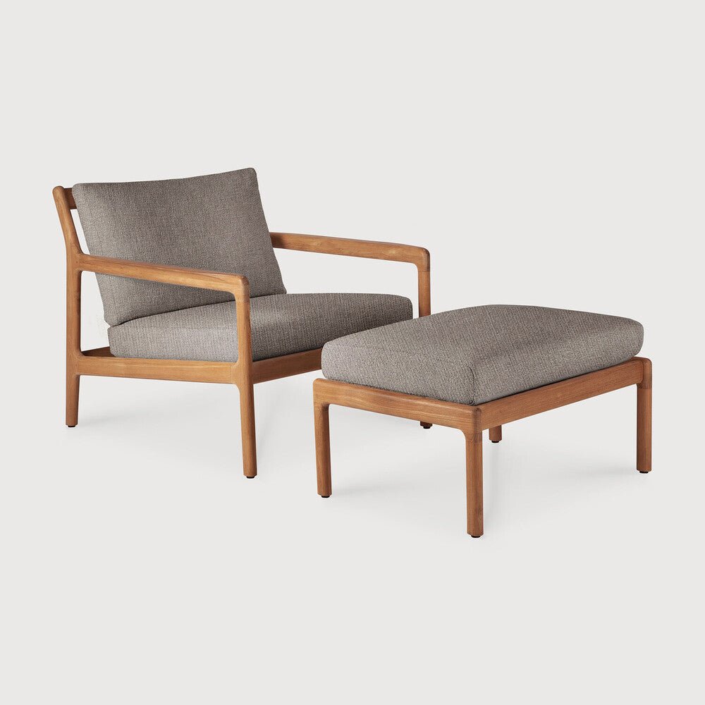 Chair and ottoman set with wooden frame and gray cushions on a white background