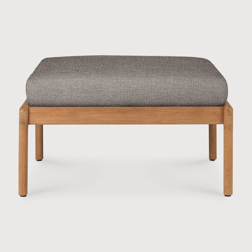 Gray cushioned ottoman with wooden frame on a white background