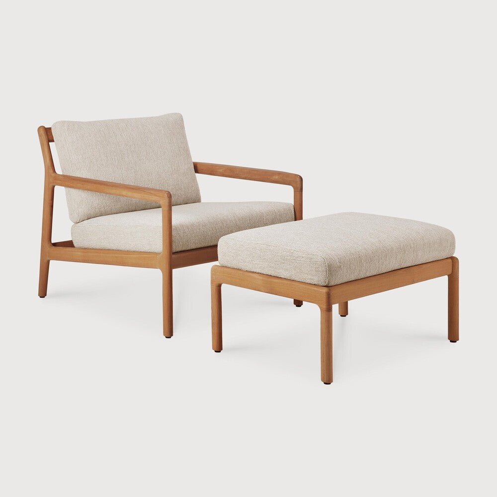 Chair and ottoman set with wooden frame and beige cushions on a white background