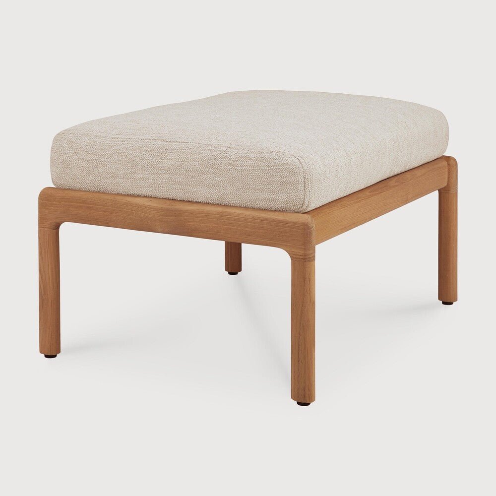Wooden ottoman with a beige cushion on a white background