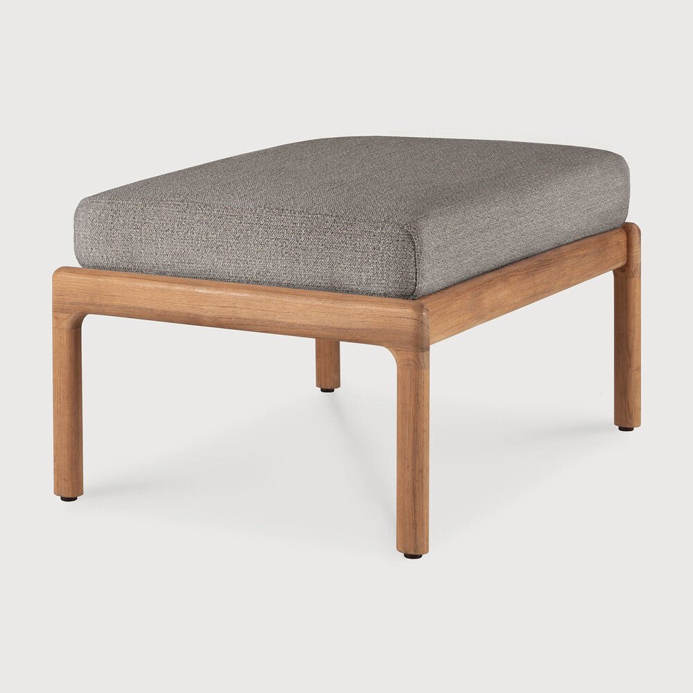 Stool with gray cushion and wooden frame on a white background