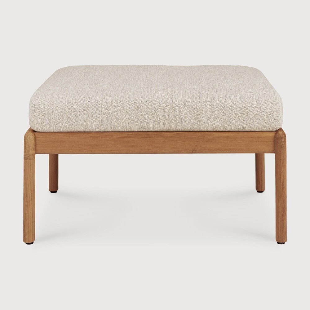 Beige ottoman with wooden frame on a white background