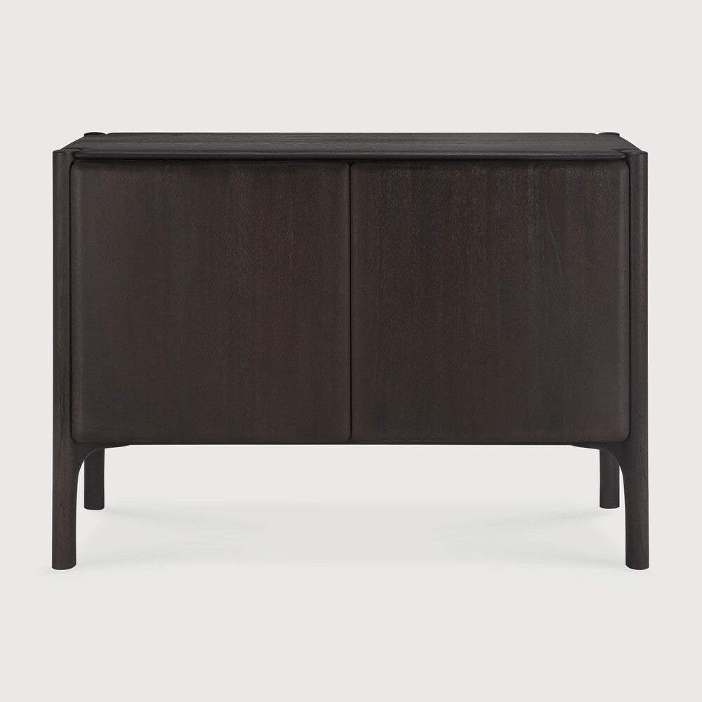 Dark brown sideboard with two doors on a white background