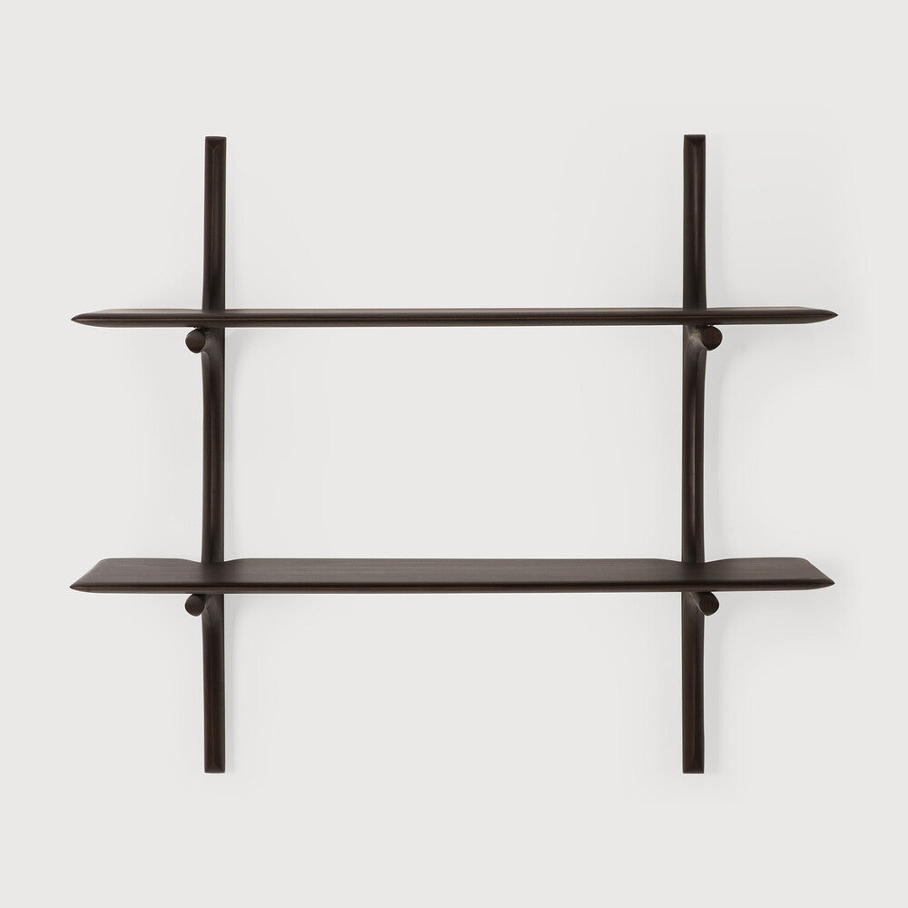 Modern black metal wall shelf with two horizontal shelves on a white background