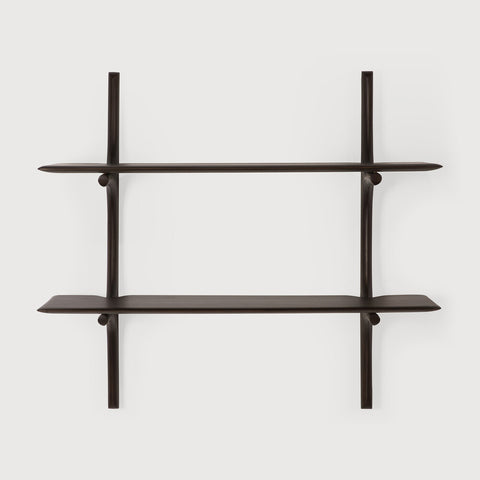 Modern black metal wall shelf with two horizontal shelves on a white background