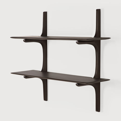 Modern black metal wall shelf with two horizontal shelves on a white background