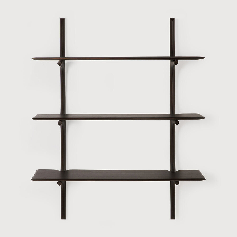 Black metal wall shelf with four shelves on a white background