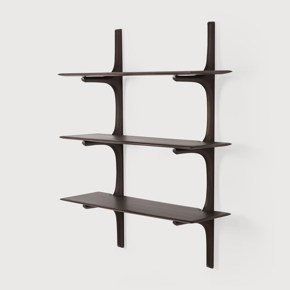 Wenge wood wall shelf with four shelves on a white background