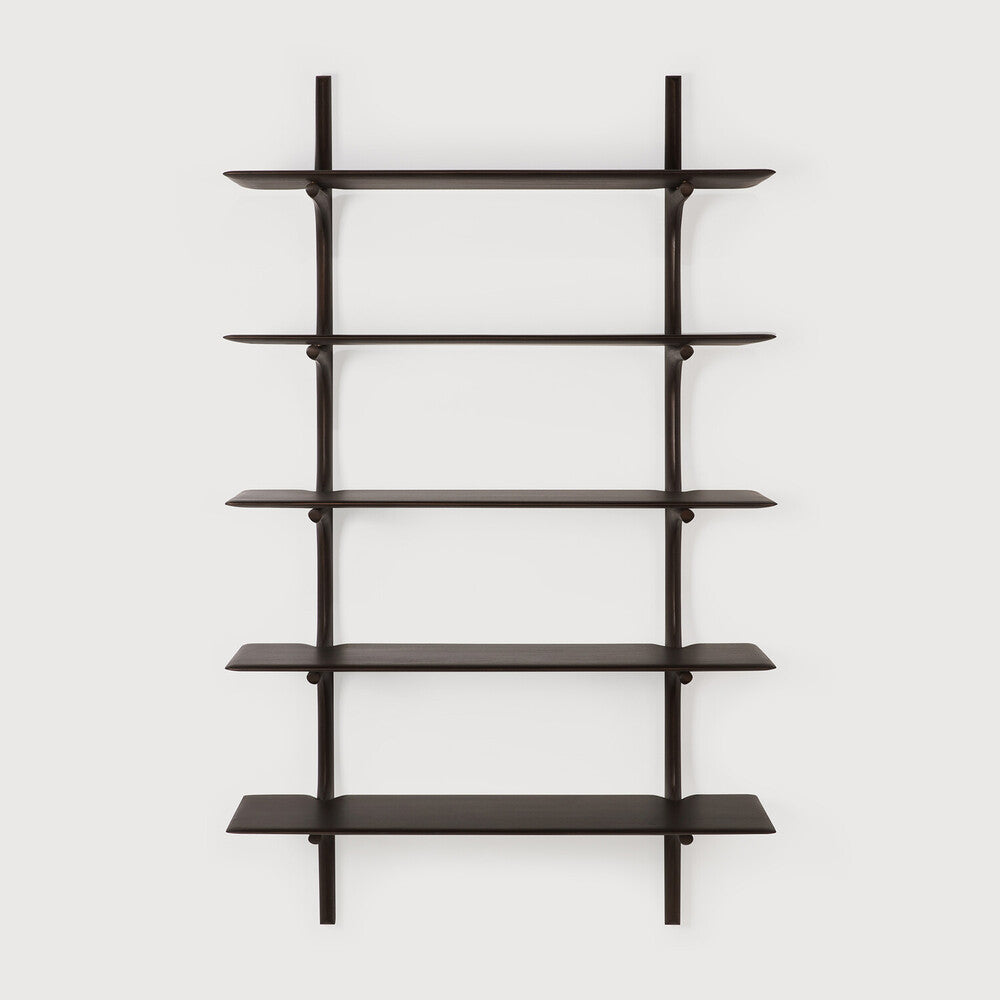 Black wall shelf with multiple shelves on a white background