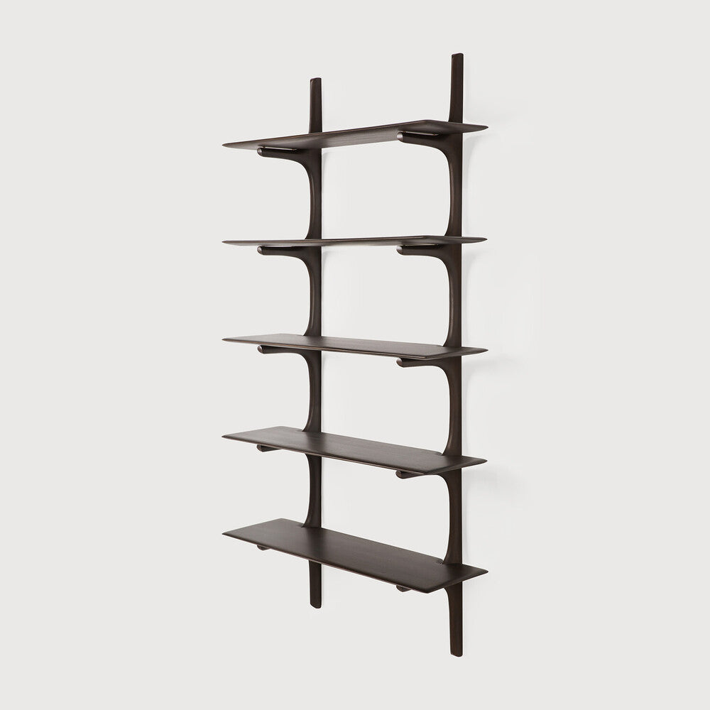 Dark brown bookshelf with multiple shelves on a light gray background