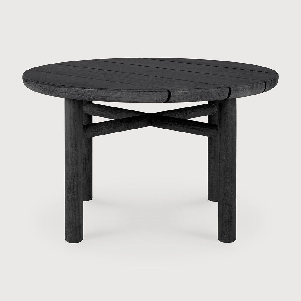 Round black wooden table on a white background