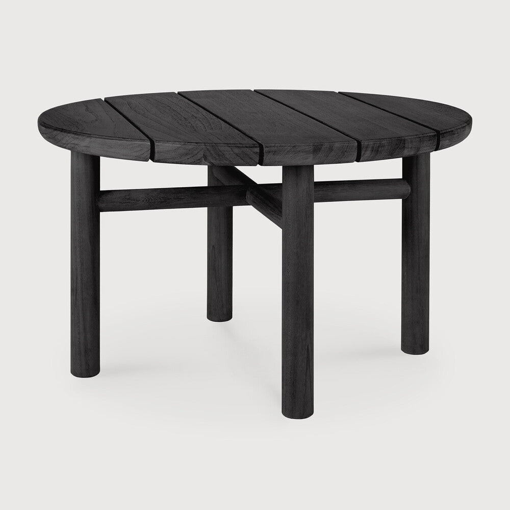 Round black wooden table on a white background