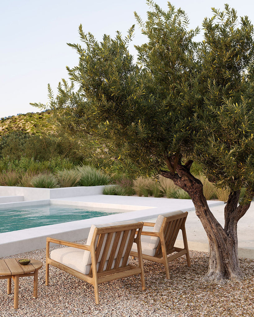 Two wooden chairs with white cushions under a tree by a poolside.