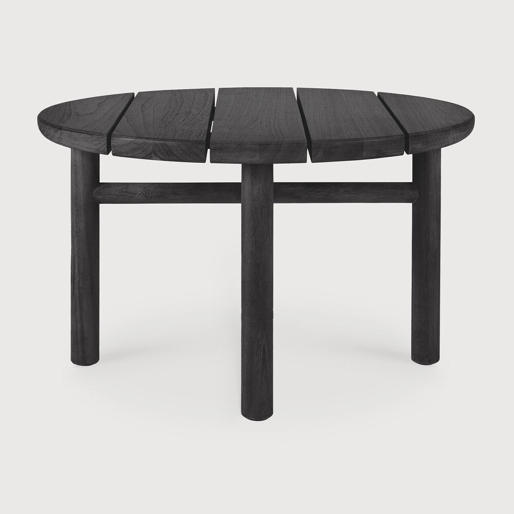 Round wooden table with dark brown finish on a white background