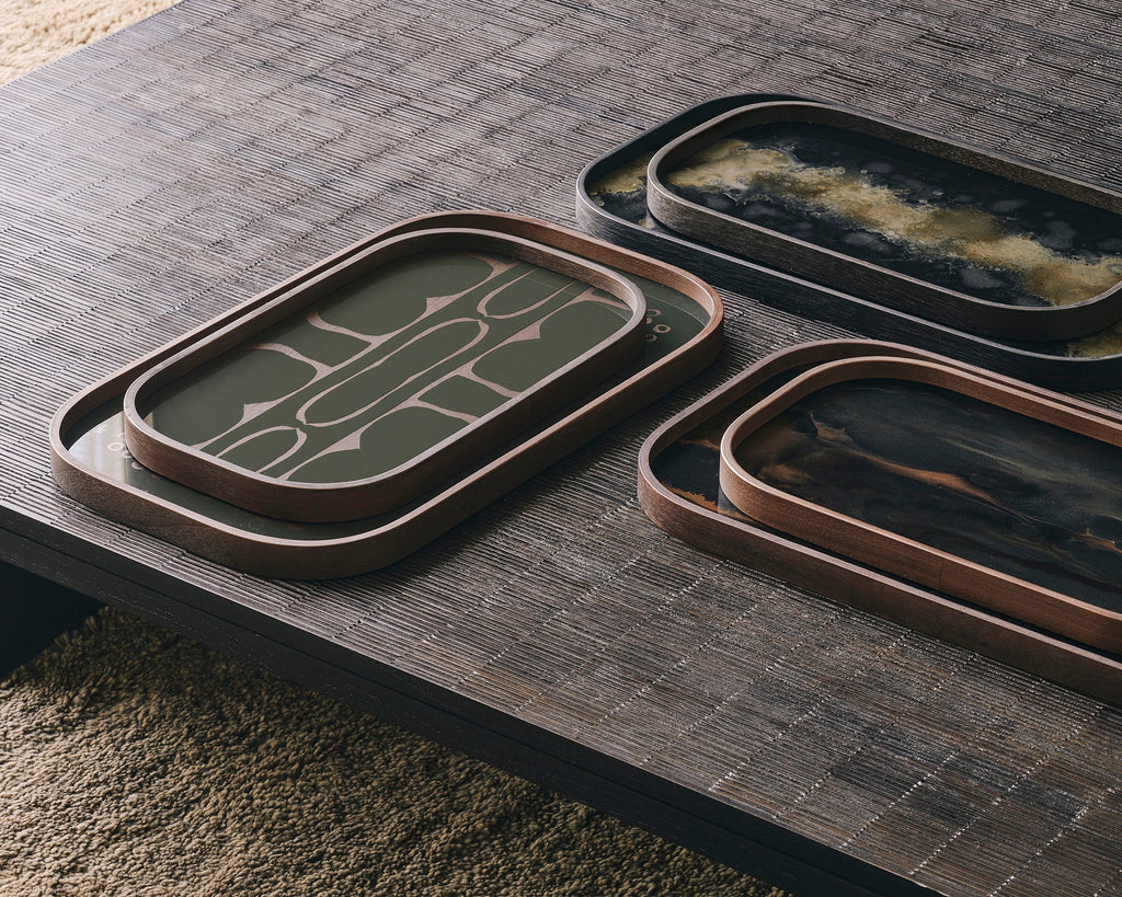 Second Nature Valet Tray by Dawn Sweitzer - Moss Green Silkscreen Glass & Teak Veneer - Sage InteriorsEthnicraftvalet tray