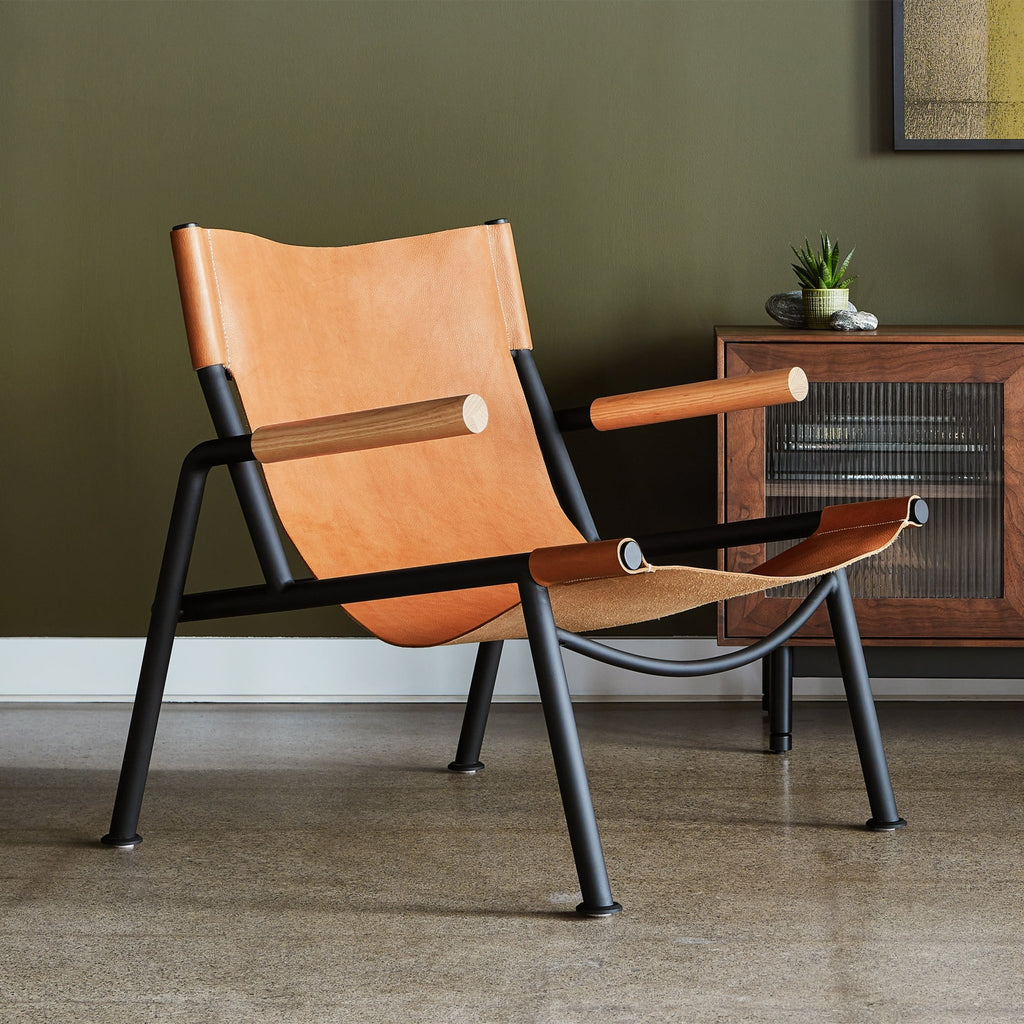 Wyatt Sling Chair – Leather Lounge Chair with Wood Arms and Metal Frame - Sage InteriorsSage InteriorsChair