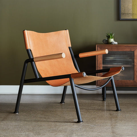 Wyatt Sling Chair – Leather Lounge Chair with Wood Arms and Metal Frame - Sage InteriorsSage InteriorsChair